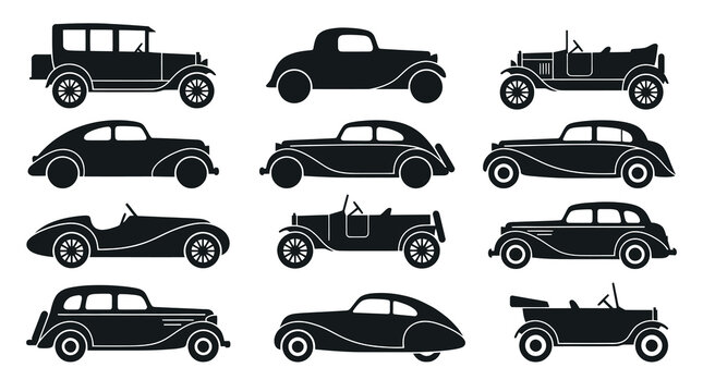 Automotive Classic Vintage Car Silhouettes Set. Retro Automobile Icons and Glyphs.