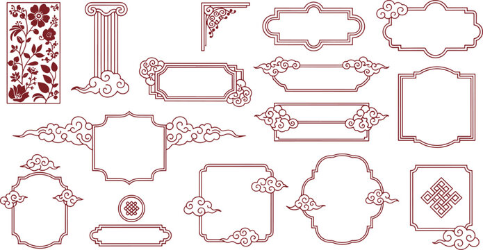 Collection of elegant oriental frames and traditional Chinese cloud border elements with floral patterns and decorative vintage motifs vector illustration