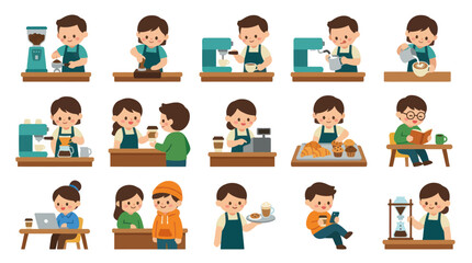 Fototapeta premium Cute Barista Kids Making Coffee and Pastries, Flat Vector Illustration