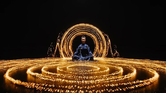 meditative woman centered in dark space as circular energy waves pulse outward from the torso in repeating cycles, visualizing inner rhythm, heartbeat resonance, and balanced energetic flow