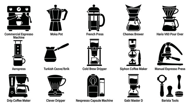 Coffee Makers Icons: Espresso, Moka, French Press, Drip, Siphon, Aeropress
