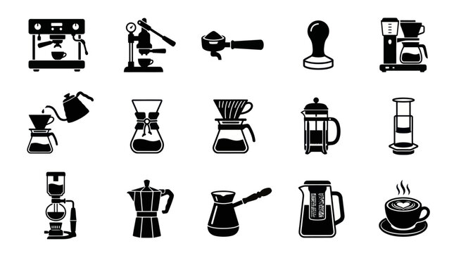 Coffee Making Equipment Icons - Espresso, Drip, French Press, Moka Pot