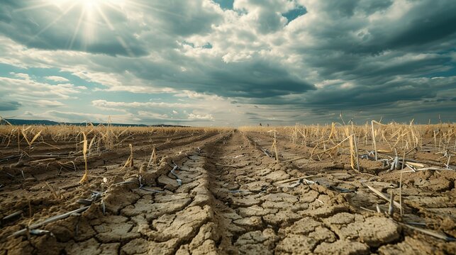 Dry cracked earth field under stormy sky showcasing severe drought effects
