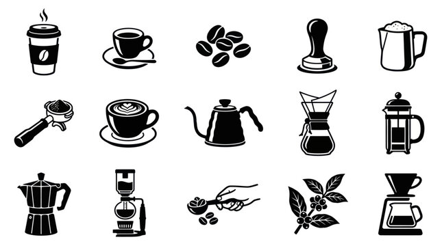 Coffee Icons Set - Black and White Line Art Collection for Cafe and Barista
