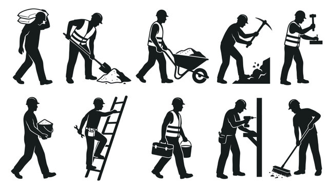 Construction worker icons, silhouettes of builders with tools and equipment