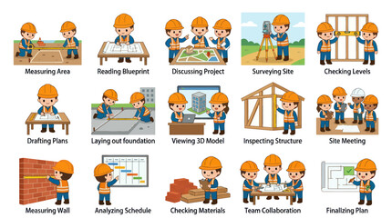 Fototapeta premium Construction Engineer Team Flat Cartoon Chibi Tasks Vector Illustration Set