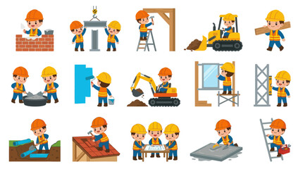 Fototapeta premium Cute Cartoon Construction Workers Building and Operating Machinery - Flat Vector Illustration Set