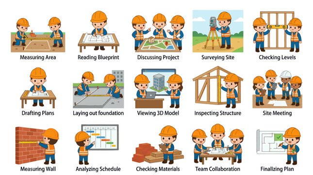 Construction Engineer Team Flat Cartoon Chibi Tasks Vector Illustration Set