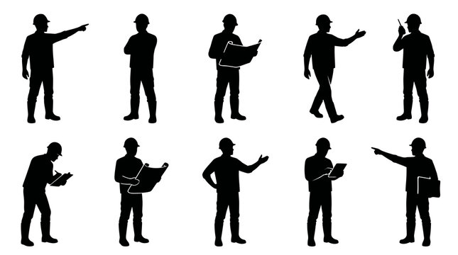 Construction Workers Silhouettes - Architects, Engineers, Builders Poses