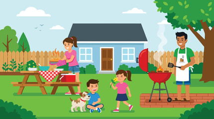 Fototapeta premium Family Having a Summer Barbecue Garden Party in House Backyard Vector Illustration with Picnic Table and Grill