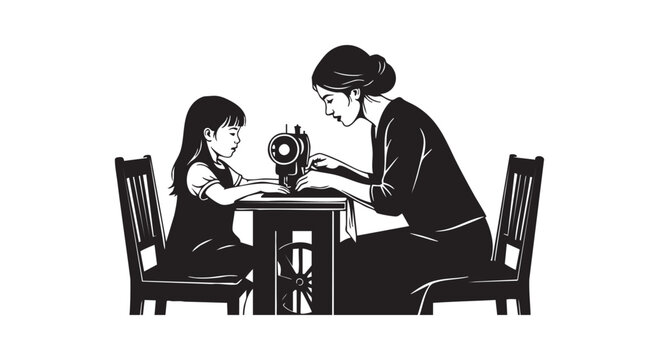 Mother teaching her young daughter how to use vintage sewing machine for traditional tailoring and home craft education.