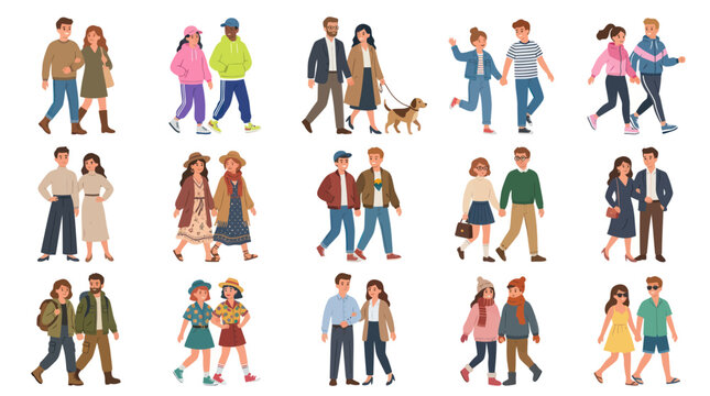 Happy People and Diverse Couples Walking Lifestyle Flat Vector Illustration Set