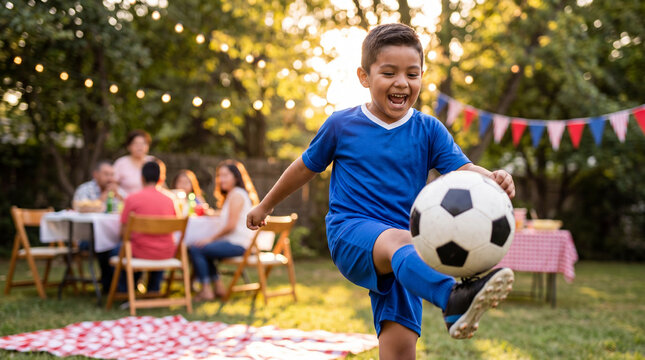 Labor Day backyard party Latino boy playing soccer laughing happily at family gathering for summer holiday active sports children concept design