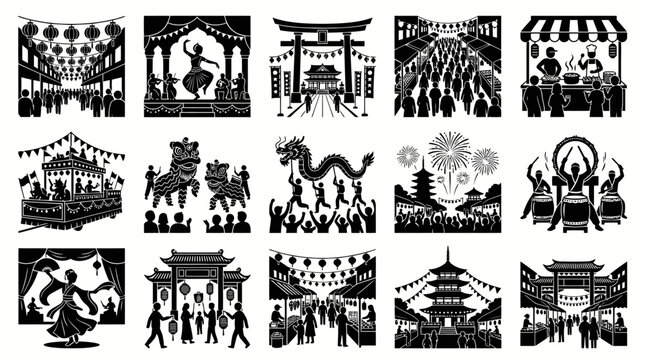 Asian Festival  Culture Scenes - Black  White Glyph Vector Icon Set