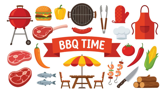 Barbecue Time Vector Icon Set with Grill Equipment and Fresh Food Elements for Summer Picnic Design