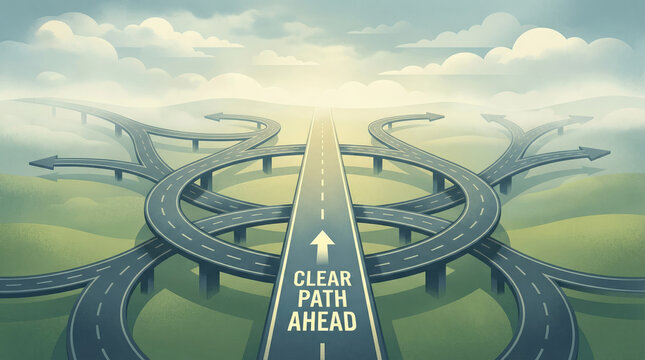 Complex highway interchange with multiple diverging roads and a central path labeled clear path ahead under a cloudy sky with a compass