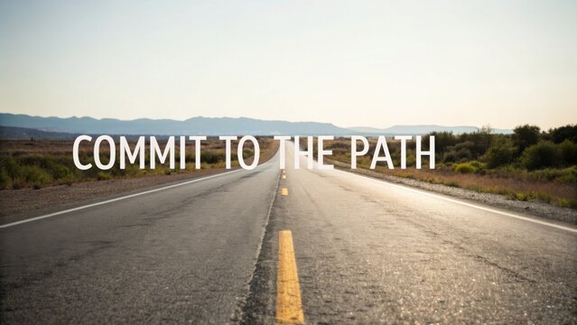 Inspirational Road Ahead with Text Commit to the Path Symbolizing Journey and Life Choices in Nature Scenery