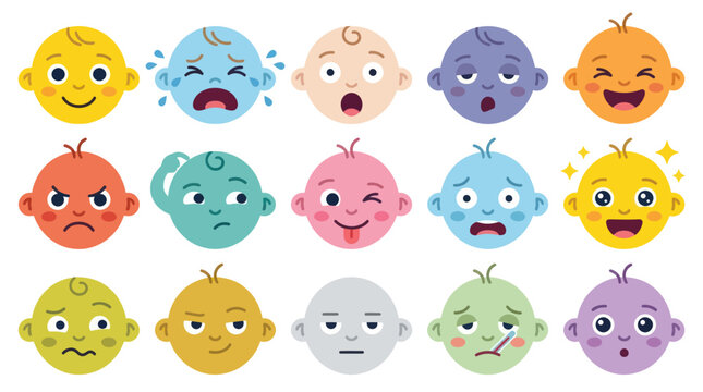 Cute baby faces showing different emotions and expressions vector illustration