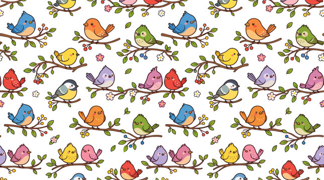Cute birds pattern vector, illustration, spring seamless background