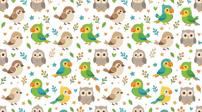 Cute Cartoon Birds and Owls Pattern, Flat Design, Vector Illustration
