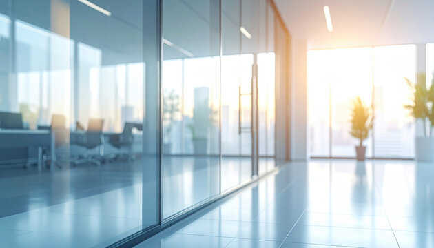 Glass office partition modern office glass wall corridor sunlight reflection interior design corporate workspace with bright