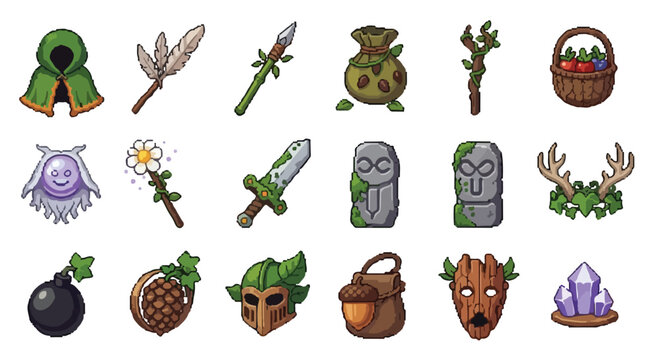 A diverse collection of forest-themed fantasy RPG icons featuring nature-inspired armor, weapons, rune stones, and magical items in vector style.