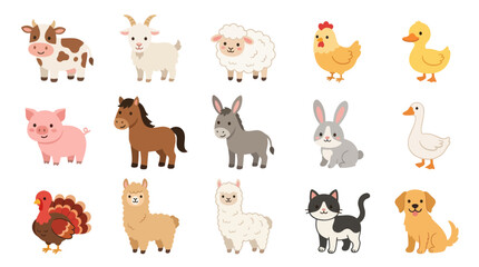 Fototapeta premium Cute Farm Animals Cartoon Collection, Flat Vector Illustration