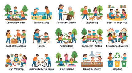 Fototapeta premium Flat Style Vector Icons: Community Activities Volunteering