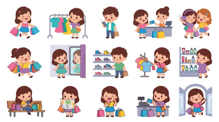 Fototapeta premium Children Shopping with Bags, Clothes, and Gifts - Flat Vector Art