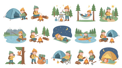 Obraz premium Flat Cartoon Camping Activities Vector Set: Outdoor Adventure, Nature, Campers, Tents