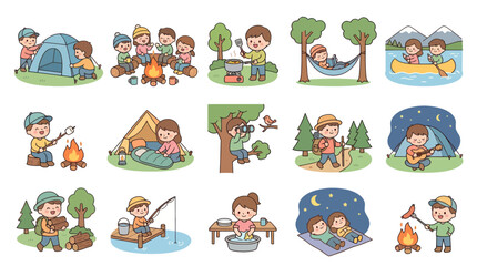 Naklejka premium Cute Camping Kids Cartoon Vector Illustration - Flat Style