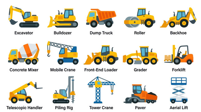Flat Design Construction Vehicles Vector Icon Set - Industry Machine Collection