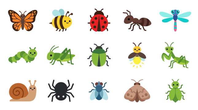 Cute Cartoon Insects Flat Vector Set - Kids Nature Illustration