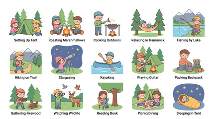 Fototapeta premium Camping Activities Icons Set - Flat Design, Outdoor Recreation