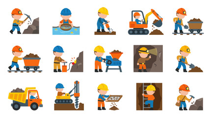 Fototapeta premium Mining Industry Flat Icons Set: Miners, Equipment, and Digging Operations