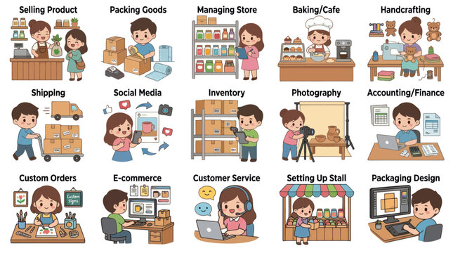 Cute Cartoon Business Activities - Small Business Operations Set Flat Art