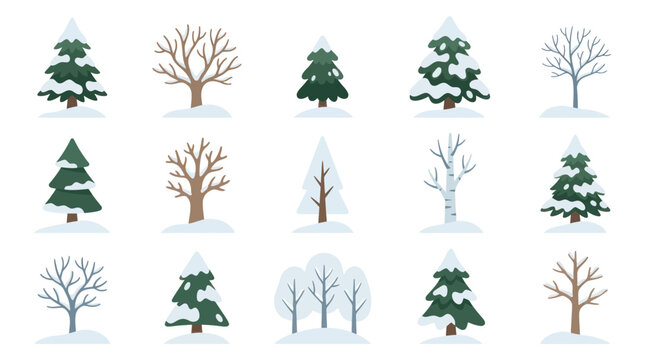 Flat Design Winter Trees Vector Icons Collection