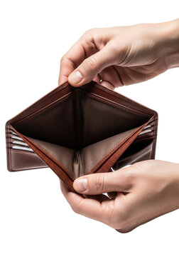 weathered adult hands holding an open, worn, empty mahogany leather bifold wallet in a macro shot against a transparent background, concept of financial distress and poverty