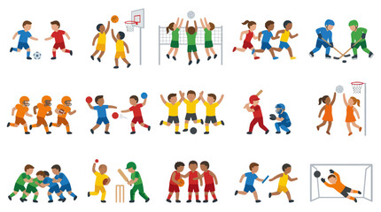 Fototapeta premium Diverse Kids Sports Activities Flat Cartoon Vector Set