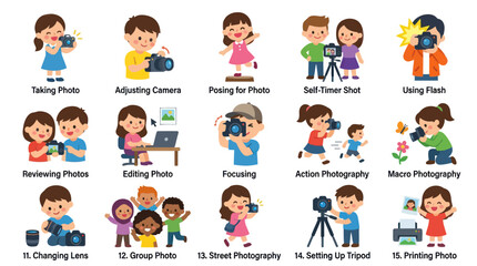 Fototapeta premium Photography Lessons: Kids Learning Camera Techniques with Illustrations