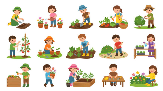 Flat Cartoon Illustration of People Gardening, Kids and Adults Growing Plants and Vegetables