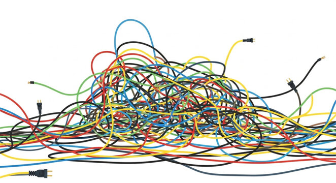 Tangled mess of colorful electrical wires and cables.