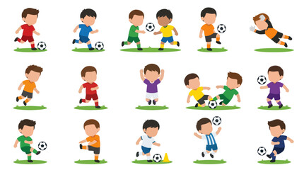 Fototapeta premium Happy Cartoon Kids Playing Soccer Football Flat Vector Illustration Set for Youth Sports