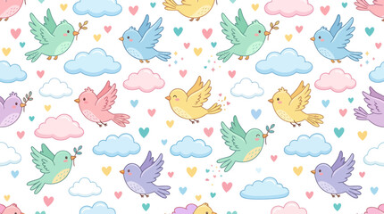 Obraz premium Cute Birds and Clouds Seamless Pattern, Vector Illustration, Flat Design