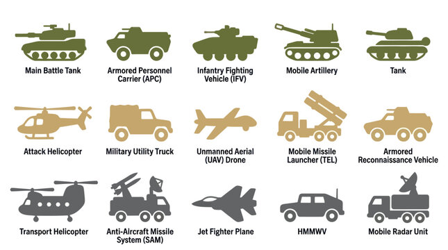 Army Military Combat Vehicles and Weapon Systems Flat Glyph Icons Collection