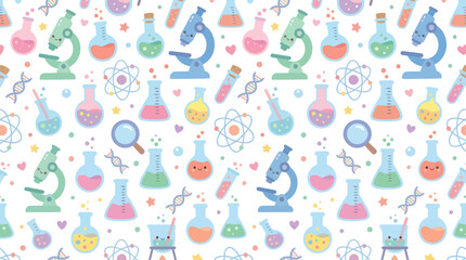 Fototapeta premium Cute Science Pattern: Microscopes, Beakers, DNA, Atoms - Flat Style