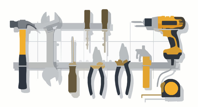 Professional workshop tool organizer with electric drill hammer screwdriver wrench and measuring tape on wall rack vector illustration for construction and repair