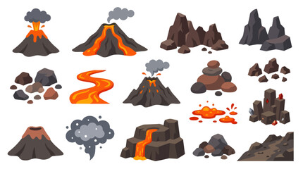 Fototapeta premium Geology Volcanoes Flat Cartoon Vector Illustration Set with Lava Flows, Rocks Smoke
