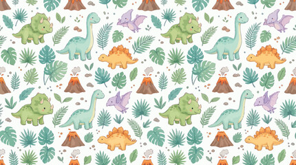 Naklejka premium Cute Watercolor Dinosaurs Seamless Pattern - Prehistoric Jungle Kids Illustration