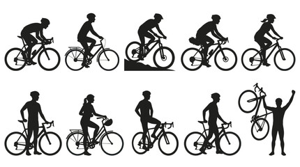 Naklejka premium Black White Cycling Silhouette Vector Illustrations: Bicycle Riders and Sports